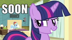 Size: 680x384 | Tagged: safe, edit, edited screencap, screencap, character:rainbow dash, character:twilight sparkle, episode:read it and weep, g4, my little pony: friendship is magic, bed, duo, hospital, hospital bed, image macro, soon