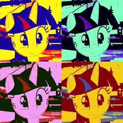 Size: 478x478 | Tagged: safe, edit, edited screencap, screencap, character:twilight sparkle, character:twilight sparkle (alicorn), species:alicorn, species:pony, species:unicorn, episode:p.p.o.v. (pony point of view), g4, my little pony: friendship is magic, andy warhol, cute, excited, female, happy, modern art, pop art, solo