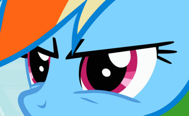 Size: 615x380 | Tagged: safe, edit, edited screencap, screencap, character:rainbow dash, species:pegasus, species:pony, animated, close-up, cute, eye shimmer, eyes, female, gif, glare, god that's cute, image macro, mare, meme, reaction image, solo, text