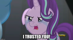 Size: 800x437 | Tagged: safe, edit, edited screencap, screencap, character:starlight glimmer, character:trixie, species:pony, species:unicorn, episode:no second prances, g4, my little pony: friendship is magic, betrayal, caption, cloud, crossover, crying, female, final fantasy, final fantasy vii, image macro, mare, meme, obi wan kenobi, revenge of the sith, star wars