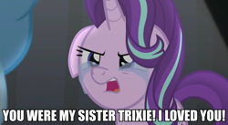 Size: 720x394 | Tagged: safe, edit, edited screencap, screencap, character:starlight glimmer, character:trixie, species:pony, species:unicorn, episode:no second prances, g4, my little pony: friendship is magic, caption, crossover, crying, female, image macro, mare, meme, obi wan kenobi, revenge of the sith, solo focus, star wars