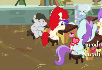 Size: 333x230 | Tagged: safe, edit, edited screencap, screencap, character:alula, character:diamond tiara, character:liza doolots, character:petunia, character:pluto, character:silver spoon, character:tootsie flute, character:truffle shuffle, character:twist, species:earth pony, species:pegasus, species:pony, species:unicorn, episode:hearts and hooves day, g4, my little pony: friendship is magic, animated, colt, female, filly, gif, glasses, heartbreak, lesbian, male, pluto, ponyville schoolhouse, sad, shipping, shipping denied, sitting, tenso, zoom in