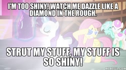 Size: 600x337 | Tagged: safe, edit, edited screencap, screencap, character:fluttershy, character:lyra heartstrings, character:rarity, character:twinkleshine, episode:it ain't easy being breezies, g4, my little pony: friendship is magic, disney, image macro, meme, moana, shiny (song), song reference, tamatoa