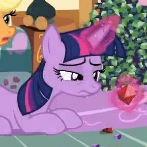 Size: 289x289 | Tagged: safe, edit, edited screencap, screencap, character:applejack, character:twilight sparkle, character:twilight sparkle (alicorn), species:alicorn, species:pony, episode:maud pie, g4, my little pony: friendship is magic, animated, animation error, caption, chewing, cropped, eating, exhausted, gif, magic, reaction image, rock candy, sad, solo focus, somehow a unicorn again, telekinesis, wingless