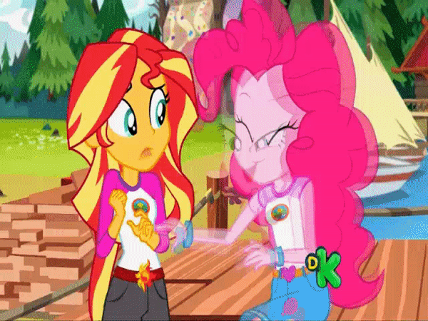 Size: 600x450 | Tagged: safe, edit, edited screencap, screencap, character:pinkie pie, character:sunset shimmer, equestria girls:legend of everfree, g4, my little pony: equestria girls, my little pony:equestria girls, spoiler:dragon ball super, spoilers for another series, animated, dragon ball super, fangirl, gif, kale (dragon ball), sunset sees things, super saiyan