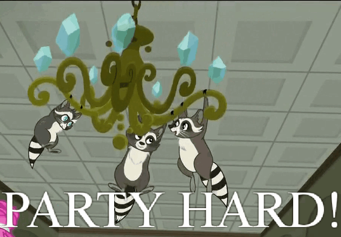 Size: 684x476 | Tagged: safe, edit, edited screencap, screencap, episode:the saddle row review, g4, my little pony: friendship is magic, animated, caption, gif, hanging, image macro, loop, meme, party hard, raccoon, smoky, smoky jr., softpad