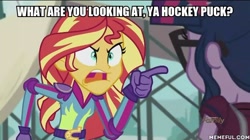 Size: 600x337 | Tagged: safe, edit, edited screencap, screencap, character:sunset shimmer, character:twilight sparkle, character:twilight sparkle (scitwi), species:eqg human, equestria girls:friendship games, g4, my little pony: equestria girls, my little pony:equestria girls, angry, caption, don rickles, exploitable meme, image macro, meme, mr. potato head, sunset yells at twilight, toy story