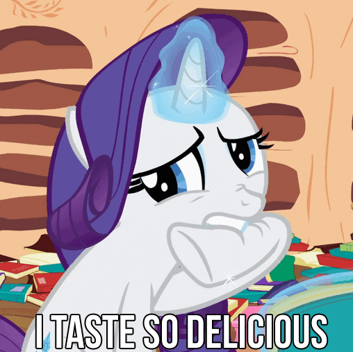 Size: 508x507 | Tagged: safe, edit, edited screencap, screencap, character:rarity, species:pony, species:unicorn, episode:secret of my excess, g4, my little pony: friendship is magic, animated, biting, book, caption, cropped, female, floppy ears, gif, gritted teeth, hoof biting, looking back, magic, nose wrinkle, open mouth, raised hoof, rarara, rarity is a marshmallow, sitting, solo, telekinesis