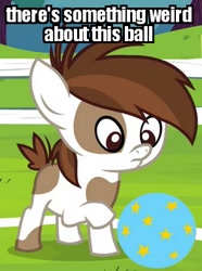 Size: 293x394 | Tagged: safe, edit, edited screencap, screencap, character:pipsqueak, species:earth pony, species:pony, episode:twilight time, g4, my little pony: friendship is magic, ball, colt, image macro, male, meme, pinto, solo