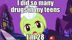 Size: 1280x720 | Tagged: safe, edit, edited screencap, screencap, character:granny smith, species:earth pony, species:pony, episode:luna eclipsed, g4, my little pony: friendship is magic, caption, drugs, female, female focus, little britain, mare, solo focus