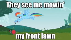 Size: 1280x720 | Tagged: safe, edit, edited screencap, screencap, character:rainbow dash, episode:the mysterious mare do well, g4, my little pony: friendship is magic, female, flying, grass, image macro, lawn mower, meme, solo, song reference, weird al yankovic, white and nerdy