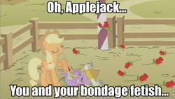 Size: 800x450 | Tagged: safe, edit, edited screencap, screencap, character:applejack, character:spike, species:dragon, species:earth pony, species:pony, ship:applespike, episode:fall weather friends, g4, my little pony: friendship is magic, bondage, caption, female, hogtied, image macro, male, mare, on back, out of context, roflbot, rope, shipping, straight, tied up
