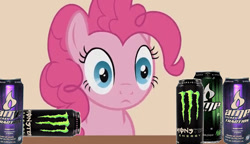 Size: 612x352 | Tagged: safe, edit, edited screencap, screencap, character:pinkie pie, species:earth pony, species:pony, aluminum can, amp energy, can, drink, emotionless, energy drink, female, mare, monster energy, soda can, solo, stare, this will not end well, wide eyes, xk-class end-of-the-world scenario, your little pets