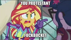 Size: 800x450 | Tagged: safe, edit, edited screencap, screencap, character:sunset shimmer, character:twilight sparkle, character:twilight sparkle (scitwi), species:eqg human, my little pony:equestria girls, angry, caption, christianity, clothing, exploitable meme, father alexander anderson, hellsing, hellsing ultimate abridged, image macro, meme, motorcross, open mouth, protestant, religion, school uniform, sunset yells at twilight, vulgar