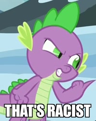 Size: 411x516 | Tagged: safe, edit, edited screencap, screencap, character:spike, species:dragon, episode:the times they are a changeling, g4, my little pony: friendship is magic, angry, fist, image macro, male, meme, pointing, reaction image, solo, that's racist