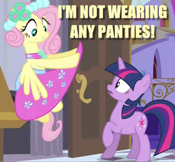 Size: 1164x1080 | Tagged: safe, edit, edited screencap, screencap, character:fluttershy, character:twilight sparkle, species:pegasus, species:pony, species:unicorn, episode:a canterlot wedding, g4, my little pony: friendship is magic, bottomless, bridesmaid, bridesmaid dress, caption, clothing, commando, dress, female, flashing, flying, funny, image macro, mare, meme, no panties, out of context, skirt, skirt lift, we don't normally wear clothes