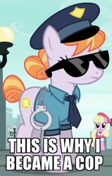 Size: 472x740 | Tagged: safe, edit, edited screencap, screencap, character:copper top, character:luckette, episode:the gift of the maud pie, g4, my little pony: friendship is magic, clothing, cuffs, hat, image macro, meme, police pony, sunglasses