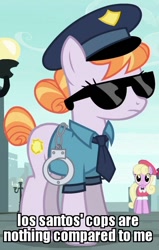 Size: 472x740 | Tagged: safe, edit, edited screencap, screencap, character:copper top, character:luckette, episode:the gift of the maud pie, g4, my little pony: friendship is magic, clothing, cuffs, grand theft auto, gta v, hat, image macro, meme, police pony, sunglasses