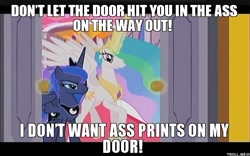 Size: 562x351 | Tagged: safe, edit, edited screencap, screencap, character:princess celestia, character:princess luna, character:twilight sparkle, episode:the crystal empire, g4, my little pony: friendship is magic, spoiler:s03, duo, glowing horn, horn, image macro, lidded eyes, magic