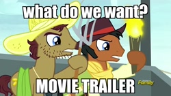 Size: 1280x720 | Tagged: safe, edit, edited screencap, screencap, episode:appleoosa's most wanted, g4, my little pony: friendship is magic, my little pony: the movie (2017), angry mob, background pony, beuford, clothing, hat, hoof hold, image macro, mccree, meme, pitchfork, torch