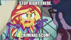 Size: 800x450 | Tagged: safe, edit, edited screencap, screencap, character:sunset shimmer, character:twilight sparkle, character:twilight sparkle (scitwi), species:eqg human, my little pony:equestria girls, angry, exploitable meme, image macro, meme, oblivion, stop right there criminal scum, sunset yells at twilight, the elder scrolls