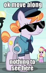 Size: 472x740 | Tagged: safe, edit, edited screencap, screencap, character:copper top, character:luckette, species:earth pony, species:pony, episode:the gift of the maud pie, g4, my little pony: friendship is magic, clothing, cuffs, frown, hat, image macro, meme, move along, necktie, officer barbrady, police, police pony, reaction image, south park, sunglasses