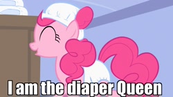 Size: 1280x720 | Tagged: safe, edit, edited screencap, screencap, character:pinkie pie, episode:baby cakes, g4, my little pony: friendship is magic, diaper, diaper on head, eyes closed, female, image macro, meme, outfit catalog, raised hoof, smiling, solo, sugarcube corner