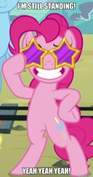 Size: 600x1135 | Tagged: safe, edit, edited screencap, screencap, character:pinkie pie, character:rainbow dash, episode:party pooped, g4, my little pony: friendship is magic, elton john, female, i'm still standing, image macro, meme, solo, song reference, sunglasses
