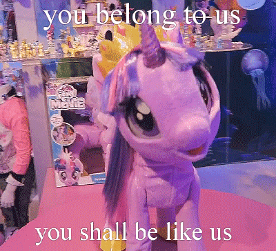 Size: 400x364 | Tagged: safe, edit, edited screencap, screencap, character:twilight sparkle, character:twilight sparkle (alicorn), species:alicorn, species:pony, animated, assimilation, conversion, cyberman, doctor who, gif, image macro, irl, meme, photo, robot, robotwi, tomb of the cybermen, toy fair, toy fair 2017, welcome to the herd, what has science done
