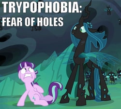 Size: 572x518 | Tagged: safe, edit, edited screencap, screencap, character:queen chrysalis, character:starlight glimmer, character:thorax, species:changeling, species:pony, species:unicorn, episode:to where and back again, g4, my little pony: friendship is magic, caption, changeling guard, changeling officer, changeling queen, duo focus, faec, fangs, floating, floppy ears, frown, gritted teeth, image macro, looking up, meme, nose wrinkle, phobia, raised hoof, raised leg, scared, scrunchy face, sitting, spread wings, trypophobia, wings