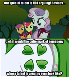 Size: 480x535 | Tagged: safe, edit, edited screencap, screencap, character:apple bloom, character:scootaloo, character:sweetie belle, species:earth pony, species:pegasus, species:pony, species:unicorn, episode:stare master, g4, my little pony: friendship is magic, 4chan, cape, clothing, cmc cape, cutie mark, cutie mark crusaders, female, filly, image macro, meta