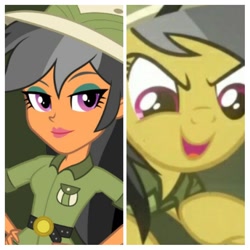 Size: 1024x1024 | Tagged: safe, edit, edited screencap, screencap, character:daring do, species:pegasus, species:pony, my little pony:equestria girls, chestnut magnifico, clothing, comparison, evil grin, explorer outfit, grin, happy, hat, lidded eyes, makeup, smiling, smirk