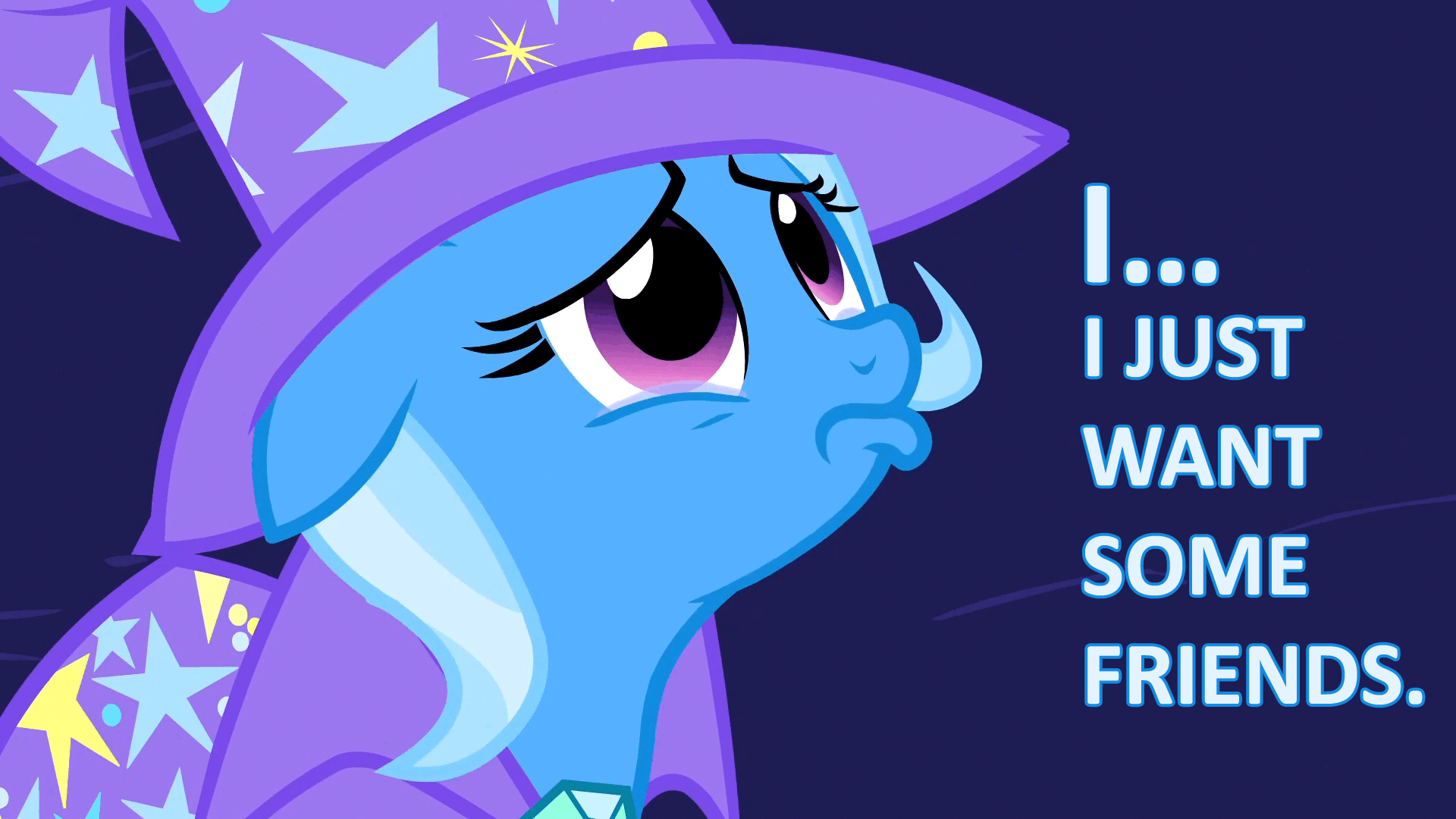 Size: 1920x1080 | Tagged: safe, edit, edited screencap, screencap, character:trixie, species:pony, species:unicorn, episode:magic duel, g4, my little pony: friendship is magic, animated, bronybait, cape, caption, clothing, crying, eye shimmer, female, floppy ears, gif, hat, looking up, mare, sad, solo, text, trixie's cape, trixie's hat