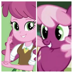 Size: 1024x1024 | Tagged: safe, edit, edited screencap, screencap, character:cheerilee, species:earth pony, species:pony, my little pony:equestria girls, clothing, comparison, happy, looking at you, skirt, smiling, teacher