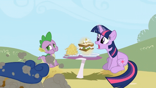 Size: 600x338 | Tagged: safe, edit, edited screencap, screencap, character:horte cuisine, character:spike, character:twilight sparkle, species:dragon, episode:the ticket master, g4, my little pony: friendship is magic, animated, caption, gif, waiter