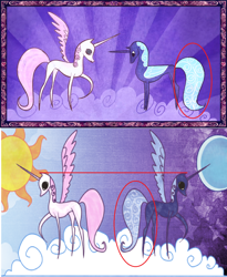 Size: 1280x1560 | Tagged: safe, edit, edited screencap, screencap, character:princess celestia, character:princess luna, species:alicorn, species:pony, episode:friendship is magic, g4, my little pony: friendship is magic, circled, cloud, duo, female, hooves, horn, insane fan theory, mare, moon, on a cloud, pink-mane celestia, raised hoof, royal sisters, sisters, spread wings, standing on a cloud, storybook, sun, wings