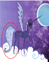 Size: 658x827 | Tagged: safe, edit, edited screencap, screencap, character:princess luna, species:alicorn, species:pony, episode:friendship is magic, g4, my little pony: friendship is magic, book, circled, cloud, cropped, female, hooves, horn, mare, moon, on a cloud, pointy ponies, purple background, raised hoof, simple background, solo, standing on a cloud, storybook, wings