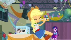 Size: 1000x562 | Tagged: safe, edit, edited screencap, screencap, character:applejack, character:spike, character:twilight sparkle, species:dog, my little pony:equestria girls, apple cider (drink), backpack, balloon, basketball net, boots, clothing, cowboy boots, cowboy hat, denim skirt, disco ball, gravity falls, hat, old man mcgucket, pleated skirt, skirt, spike the dog, stetson