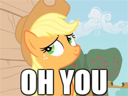 Size: 400x301 | Tagged: safe, edit, edited screencap, screencap, character:applejack, species:earth pony, species:pony, apple tree, clothing, cowboy hat, female, hat, image macro, oh you, reaction image, solo, stetson