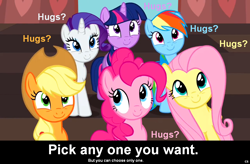 Size: 1024x672 | Tagged: safe, edit, edited screencap, screencap, character:applejack, character:fluttershy, character:pinkie pie, character:rainbow dash, character:rarity, character:twilight sparkle, species:earth pony, species:pegasus, species:pony, species:unicorn, episode:mmmystery on the friendship express, g4, my little pony: friendship is magic, blue text, bronybait, caption, choice, cs captions, cute, dilemma, hug, hug request, mane six, orange text, pink text, purple text, sadistic choice, text, white text, yellow text