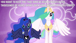 Size: 1280x720 | Tagged: safe, edit, edited screencap, screencap, character:princess celestia, character:princess luna, episode:the crystal empire, g4, my little pony: friendship is magic, downvote bait, grammar error, meme, new lunar republic, op is a duck, op is trying to start shit, solar empire, text