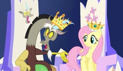 Size: 683x394 | Tagged: safe, edit, edited screencap, screencap, character:discord, character:fluttershy, species:draconequus, species:pegasus, species:pony, episode:what about discord?, g4, my little pony: friendship is magic, crown, female, friendship throne, jewelry, king discord, male, queen fluttershy, regalia, throne
