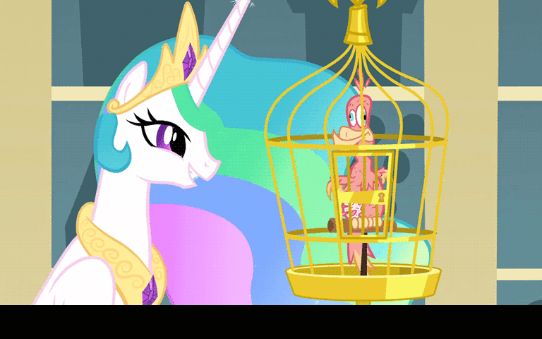 Size: 768x480 | Tagged: safe, edit, screencap, character:philomena, character:princess celestia, species:alicorn, species:phoenix, species:pony, episode:a bird in the hoof, g4, my little pony: friendship is magic, season 1, animated, birdcage, caption, coughing, drama queen, feather, female, gif, mare, molting, pet, smiling, text, twitching