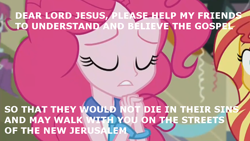 Size: 1136x640 | Tagged: safe, edit, edited screencap, screencap, character:pinkie pie, character:sunset shimmer, equestria girls:friendship games, g4, my little pony: equestria girls, my little pony:equestria girls, christianity, image macro, meme, pinkie pie praying, religion, religious focus, religious headcanon, solo focus