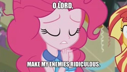 Size: 887x500 | Tagged: safe, edit, edited screencap, screencap, character:pinkie pie, character:sunset shimmer, equestria girls:friendship games, g4, my little pony: equestria girls, my little pony:equestria girls, god, image macro, meme, pinkie pie praying, quote, solo focus, voltaire