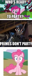 Size: 254x590 | Tagged: safe, edit, edited screencap, screencap, character:pinkie pie, species:earth pony, species:pony, arcee, crossover, female, image macro, jack darby, mare, meme, sitting, transformers, transformers prime