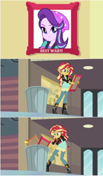 Size: 554x942 | Tagged: safe, edit, edited screencap, screencap, character:starlight glimmer, character:sunset shimmer, species:pony, my little pony:equestria girls, angry, beanie, bust, clothing, female, frown, gritted teeth, hat, mare, meme, op is a duck, op is trying to start shit, portrait, screencap comic, smiling, smirk, solo, throwing, trash can, your waifu is trash