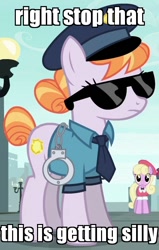 Size: 472x740 | Tagged: safe, edit, edited screencap, screencap, character:copper top, character:luckette, episode:the gift of the maud pie, g4, my little pony: friendship is magic, clothing, cuffs, hat, image macro, meme, monty python, monty python's flying circus, police pony, reaction image, sunglasses, the colonel