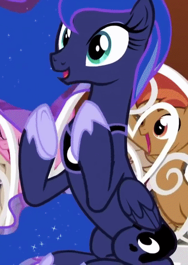 Size: 369x520 | Tagged: safe, edit, edited screencap, screencap, character:button mash, character:jeff letrotski, character:princess luna, character:ruby pinch, species:alicorn, species:pony, episode:slice of life, g4, my little pony: friendship is magic, animated, cheering, clapping, cute, gif, loop, lunabetes, sitting, smiling, solo focus, underhoof