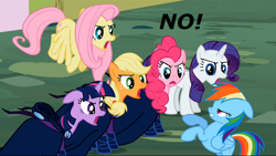 Size: 958x541 | Tagged: safe, edit, edited screencap, screencap, character:applejack, character:fluttershy, character:mare do well, character:pinkie pie, character:rainbow dash, character:rarity, character:twilight sparkle, episode:the mysterious mare do well, g4, my little pony: friendship is magic, image macro, mane six, mare do well costume, no
